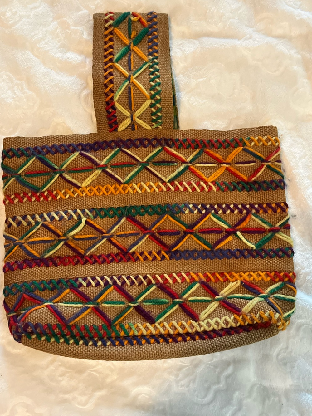 Vintage Boho Burlap Purse Bag Rainbow Yarn Hand Bag Tote Hippie Handmade